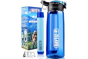 BAYTIZ ® Gourde Filtrante + Paille de Survie au Charbon Actif - Bouteille Filtre à Eau Nomade : Voyage Randonnée Trek Camping Kit Purificateur Réutilisable Plastique Sac Pluie Catastrophe