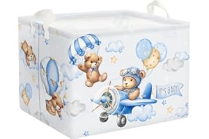 Clastyle 36L Grande Cestino Portaoggetti Orso Pilota Palloncini Blu con Maniglia Ceste per la Biancheria Pieghevole Rettangolare Vestiti Giocattolo per Camera dei Bambini Bagno