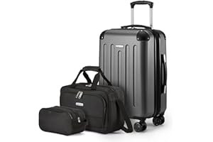 Amazon Basics Hardside Carry-On Spinner Luggage Set, 3-Piece, Carry-On Suitcase, Tote Bag, Compact Travel Bag, Expandable, 4 Spinner Wheels, Black