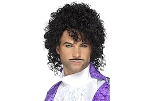 Smiffys 80s Age 16+ Purple Musician Kit, Black with Wig & Tash, 1980's Fancy Dress, 1980s Dress Up Wigs