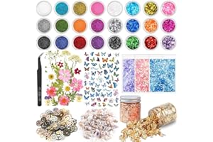 KKSJK accesorios de resina epoxi con purpurina, lentejuelas, flores secas, pegatinas de mariposas, lámina de oro, conchas marinas, engranajes, para manualidades de resina y decoración de uñas