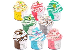 ROWECVCE Fluffy Butter Slime Kit for Girls 8 Pack, Stretchy and Non-Sticky, Party Favors with Strawberry, Pineapple, Dragon Fruit, Cantaloupe, Cherry, Stress Relief Toys for Kids, Cute Stuff
