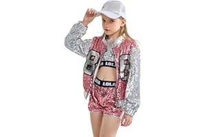 LOLANTA 4 Stück Mädchen Hip Hop Tanz Kostüm Kinder Pailletten Jazz Tanz Kleidung Set Socken angebracht, 4-15 Jahre