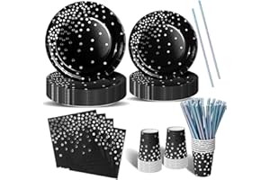 Nkaiso 120 Piezas Negro y plata Vajilla Fiesta Cumpleaños, Platos y Vaso Cumpleaños Infantil, Juego de vajilla Fiestas Platos Desechable Servilletas para Party Decoración Baby Shower -24 Invitado