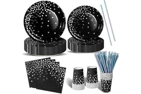 Nkaiso 120 styck Svart Silver Festservis För Barnkalas För 24 | Elegant engångstallrikar Set Innehåller Papperstallrikar Glas