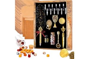 MPRINCE Quill Pen-Feather Calligraphy Pen Ink Set.Includes Feather Dip Pen.Ink.12 Replacement Nibs.Pen Holder.2 envelopes.8 sheets of envelope paper.Tree of Life Seal(Black)