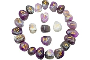 JAGPAROVA Set di 25 pietre runiche vichinghe, cristallo di ametista, con simboli dell'antico fuþark, rune di quarzo, regalo spirituale, di stregoneria