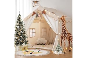 2 in 1 Tenda per Bambini besrey, Tenda Casetta da Gioco con 2 Porte e 4 Finestre, Tenda da Gioco per Bambini Interni ed Esterni con Tappetino Imbottito, Luci Fatate e bandierine