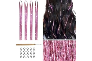 ‎HONGMA 800 Glitzer Haarsträhnen Lametta für Haare 120 cm Tinsel Hair Extensions Glitter Glitzersträhnen Haarverlängerung Fairy Haarlametta Haarextension Kit (Pink Lila)