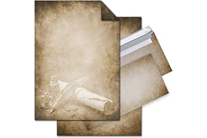 Logbuch-Verlag Juego de 12 hojas de papel de carta DIN A4 + 10 sobres marrón vintage – Rollo de papel con pluma – Papel para escribir con diseño antiguo Nostalgie