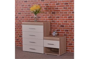 DRP Trading White & Sonoma Oak 2 Piece Bedroom Furniture Set, 4 Drawers Chest, 1 Drawer Bedside Table, Ample Storage, Elegant Décor, Ideal for Bedroom Organisation, Quality Bedroom Set…