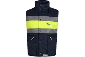 Work Team Chaleco acolchado y multibolsillos con dos cintas reflectantes y tejido de alta visibilidad. HOMBRE
