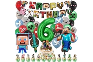 Milygobam 30pcs Birthday Decorations for Boys Girls,6th Happy Birthday Balloon,Gaming Party Decorations,Cake Topper,Foil Balloons,Gaming Theme 6th Party Supplies Decoration