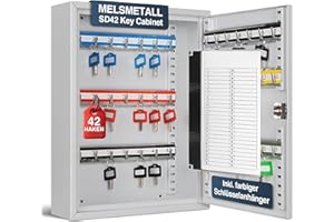 ‎MELSMETALL Melsmetall Schlüsselkasten SD42 – Schlüsselschrank mit 42 Haken, robuste Schlüsselbox aus Stahl, abschließbarer Safe, magnetische Außenseite, höhenverstellbare Leisten, Wandmontage (35x27x8cm)
