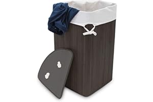 Relaxdays Bambusowy narożny kosz na pranie, składany, 60 l, zajmuje mało miejsca, worek na pranie, bawełna, 65 x 49,5 x 37 cm, czarny