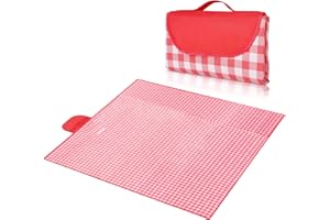 Tesmien Large Picnic Blanket Waterproof,200x200CM Foldable Outdoor Beach Picnic Mat Sand proof Machine Washable Slip Resistant With Carrying Handle for Family, Beach, Park, Hiking, Camping,Red Grid