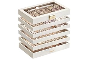 ‎SONGMICS SONGMICS Pudełko na biżuterię z 6 poziomami, możliwość układania w stosy, duże pudełko na biżuterię, pudełko na biżuterię ze szklaną pokrywką, 17 x 28 x 25,3 cm, biały JBC195W01