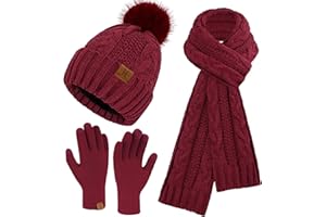 ZASFOU Donna Cappello Invernale Sciarpa Guanti Touch Screen Set Caldo Ciniglia Pompon Maglia Berretto Cappelli Pile Foderati Scaldacollo Guanto Regalo per Donna