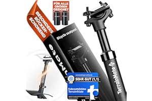 TerrainMate Tija de sillín con suspensión para bicicleta eléctrica, trekking, MTB, bicicleta de ciudad, tija de sillín con muelle [27,2/30,9/31,6 mm de diámetro] Tija de sillín con suspensión con 2 casquillos de distancia SoftRide de 55-125 kg, ahora sin dolor