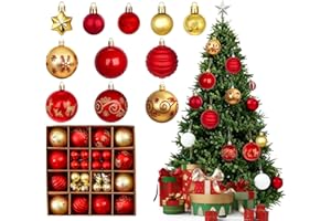 ZIMILO Christmas Baubles Plastic Christmas Tree Decorations, 44 Pieces Tree Decorations Christmas, Christmas Tree Decorations Christmas Tree Baubles with Lanyard (Red Gold)