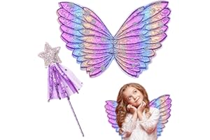 OVBOVA Fairy Wings and Wand, Fairy Wings for Girls, Fancy Dress Set Butterfly Wings Fairy Magics Wand, Angel Fairy Princess Costumes, Fancy Dress up for Halloween Christmas Mardi Gras Birthday Party Cosplay