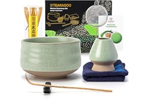 ‎TEANAGOO TEANAGOO Matcha Set| Matcha Besen|Matcha Tea Set | Matcha Schale| Matcha Whisk,Schaufel, Sieb, Matcha-Besenhalter, Matcha-Besenständer-7 Stück MatchaTee Sets,N6, Lt.grün mit Schwarzer Naht