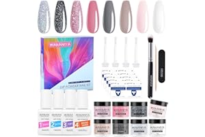 WAKANIYA Dipping Powder Nails Kit 8 Colors Nude Grey Glitter Dip Powder System Starter Nail Kit Dip Powder Poudre Acrylique pour Ongles kit pour French Nail Manucure Ensemble de poudre acrylique