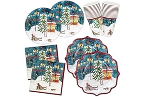 HNH Christmas Paper Plates, Napkins, Paper Cups 96 Pieces Tableware Set Disposable | Snowfield | for Party Table Decorations