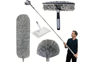 QUAZARPYON Staubwedel Teleskop 6M, mit Verstellbarer Teleskopstange von 1,5 bis 4,9 m,mit Spinnennetz-Staubwedelkopf, Chenille-Staubtuchkopf und Mikrofaser-Wischmopp mit Druckklemmsystem