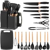Vortix 19 Pieces Silicone Kitchen Utensils Set, Kitchen Knife Set with Stand, Silicone Spoon with Wooden Handle, Heat Resista