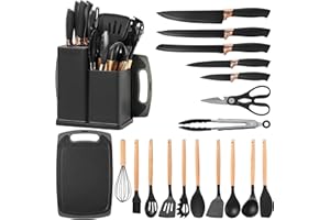 Vortix 19 Piezas Juego de Utensilios de Cocina de Silicona, Juego de Cuchillos Cocina con Soporte, Cuchara Silicona con Mango de Madera, Resistente al Calor Antiadherente