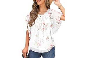 QIXING Womens Summer Blouses Casual Ruffle Sleeve Loose Round Neck Chiffon Flowy Ladies Tops Tunic for Women UK