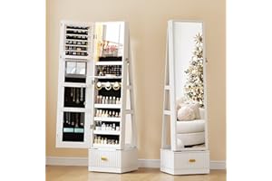 yoofun 360 Swivel Jewelry Cabinet with Full Length Mirror, Jewellery Cabinet Large Jewelry Organizer Shelves with Drawer for Cosmetics, 3 in 1 Lockable Jewelry Armoire Bedroom (White)