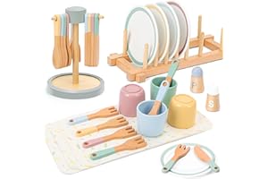 Charmofun Kinderküche Zubehör Holz, 34PCS Teeservice Kinder Holz, Sielküche Geschirrset mit Tassen Teller, Kinder Küche Zubehör Rollenspiel, Geschenk für Mädchen Jungen 3+ Jahre
