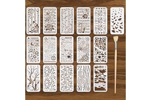 TWINKLEMON 16 Pcs Texture Stencils for Painting, Flower Stencils for Crafts Reusable with 1 Pc Brush, Staff Wood Grains Spray Paint Stencil Set for DIY Wall Wood Burning Furniture Art Card(11.8*5.9in)