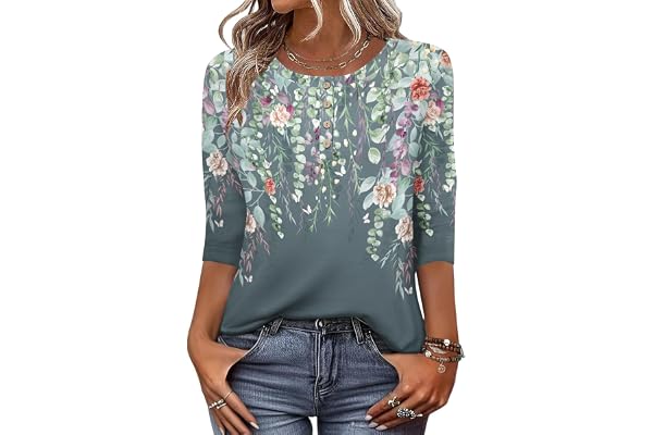 Zeagoo T-shirt för damer, med 3/4-ärm, tröja med rund hals, basic topp, Henly till sommaren, ledig, lätt och lång, storlek S–XXL