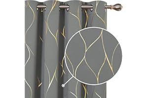 Deconovo Blackout Curtains, Ring Top Curtains, Window Treatment Thermal Insulated Curtains, Gold Wave Foil Printed Curtains for Bedroom, 46 x 54 Inch (Width x Length), Grey, One Pair
