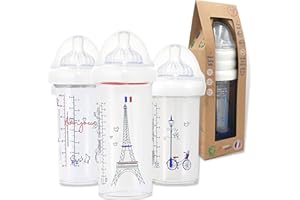 Le Biberon Français - Lot de 3 Biberons Anti-Colique Premium - Biberon 360ml, 210ml à Col Large - Tétines Silicone 3 Débits, 0-6 Mois et Plus - Allaitement Mixte Nouveau né Fille - BPA BPS BPF Free