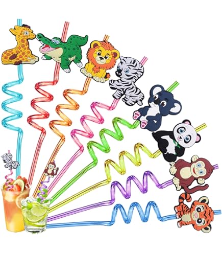 Rietjes voor kinderen, 8 stuks rietjes, kinderverjaardag, gekleurde rietjes, plastic, plastic rietjes met rietborstel als feestaccessoire voor verjaardag kinderen