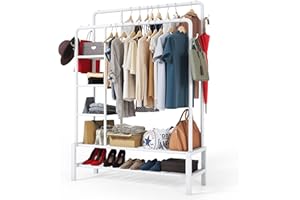 Klass Home Collection Heavy Duty Clothes Rail, 120KG White Metal Rack With Double Hanging Clothing Rail, Shoe Rack, Storage Shelves & 4 Coat Hooks, Wardrobe Clothes Rails For Bedroom Office Shop