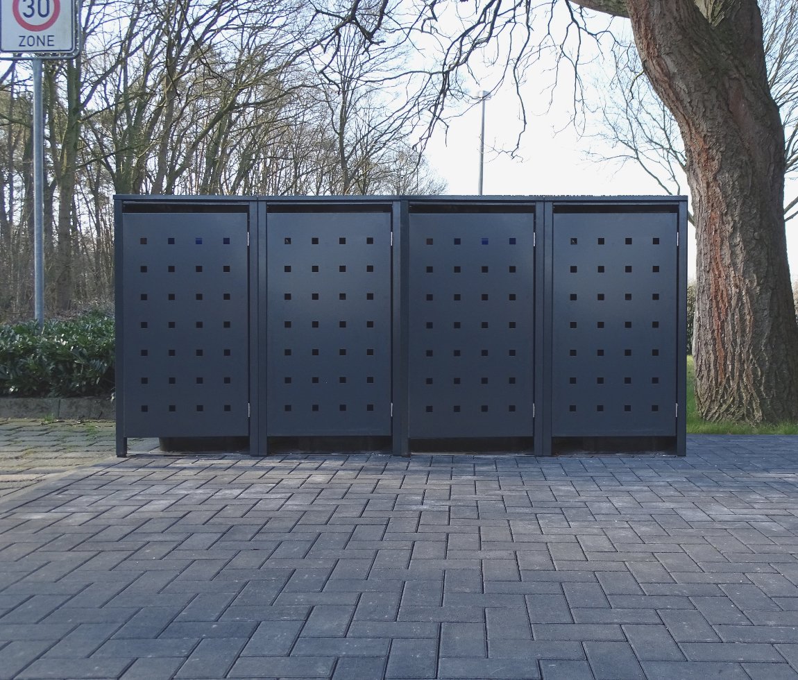 4 Mülltonnenboxen Modell No.2 für 240 Liter Mülltonnen / komplett Anthrazit RAL 7016 / witterungsbeständig durch Pulverbeschichtung / mit Klappdeckel und Fronttür – Bild 3