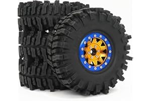 GENERIC HOBBYSOUL RC 1.9 Mud Slingers Reifen 120mm/4.72" & Heavy Duty Beadlock Felgen 1.9 Rad Felge Gold Blau für Traxxas TRX-4 / RC4WD D110 / Tamiay CC01 / Axial SCX10 90047,(4 Stück)