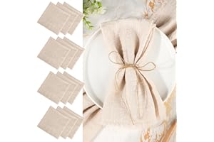 ‎RVLZKCPG 12 Stück Stoffservietten Beige mit Fransen, 45x45cm Leinenservietten, Baumwolle Servietten Stoff, Tischservietten Stoff mit 10m Schnur für Familienfeiern, Hochzeiten, Geburtstage