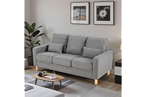 Hroth 3 Seater Sofas，Comfortable Fabric Sofa with Thick Cushions and 2 Pillows, Durable and Space Saving Settee for Living Room, Bedroom, Guest Room, Office, Light Grey