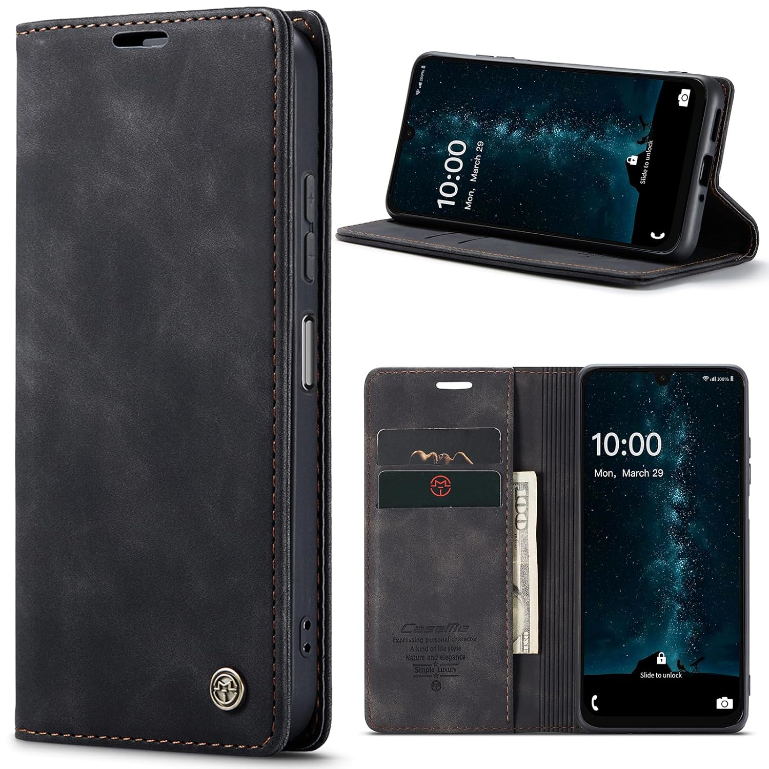 Azororo Beschermhoes voor Samsung Galaxy A16 5G/4G, premium lederen beschermhoes, portefeuille, flip case, magneetsluiting, beschermhoes voor Samsung Galaxy A16, zwart