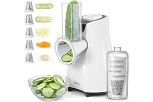 Electric Cheese Grater, Reemix 5 in 1 Electric Grater for Fruit and Vegetables, with Cone Blades Set and Storage Box, Cheese Slicer for Whole Potatoes, Cheese, and Nuts (white1)