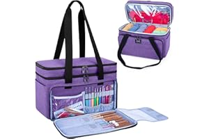 CURMIO Borsa tote a doppio strato, con scomparti per uncinetti, ferri da maglia (fino a 35,5 cm), per lavori a maglia o accessori, viola (solo borsa)