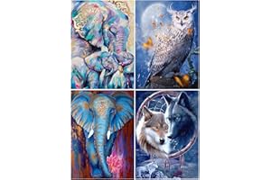 JISHSHAY 5D 4 Packs Full Round Drill Diamond Painting Animals 30x40 CM Diamond Art Giraffe Elephant Owl Wolf Pictures,Craft Buddy Crystal Art Diamond Painting Kits for Adults Mosaic Kits Cross Stitch