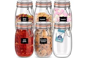 HEFTMAN Clip Top Glass Jars Set of 6-1 Litre Airtight Glass Jars with Lids & Silicone Seal for Pasta, Sourdough Starter, Chutney, Pickling, Kitchen Organisation - Empty Food Storage Jar Set (6 Pack)