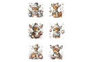 CHIC COTTAGE CRAFTS 12 Baby Deer Christmas Selection - Card Making Toppers Self Adhesive Circles - Glossy Finish Medium 88mm (3.5 inches) Diameter - Pack of 12 (Two Sheets of 6) - Crafts Labels